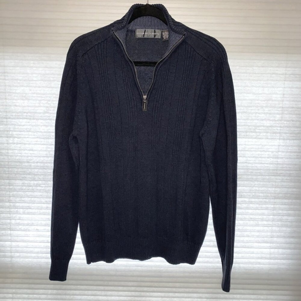 Oscar de la Renta Mens Large Pullover 1/4 Zip‎ Cotton Grandpa Sweater Navy